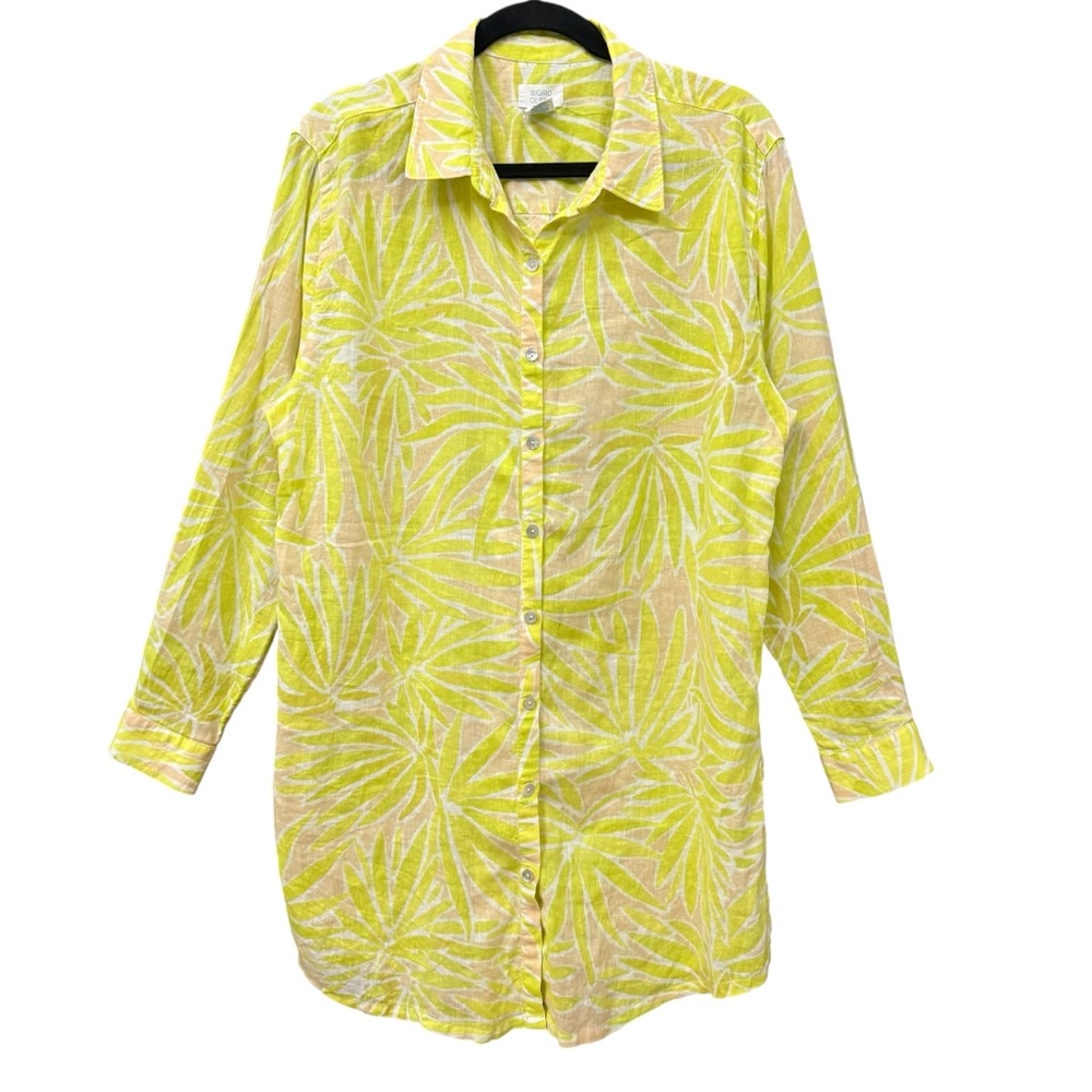 Sigrid Olsen Euro Summer Tropical Leaf Blouse Long Tunic Roll Sleeves Linen XL